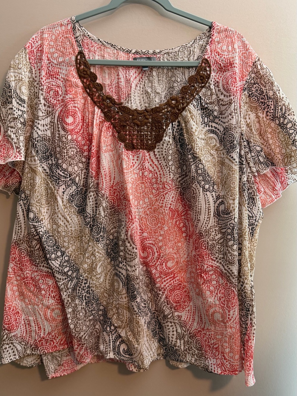 Essentials Coral Multi Crochet-Trim Short Sleeve Blouse